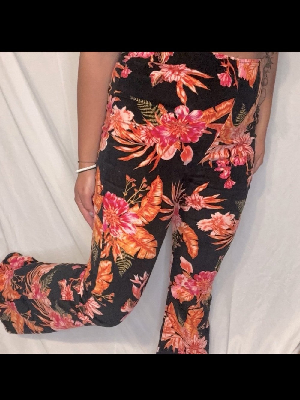 Floral Wide-Leg bell bottoms- Black with Pink & Orange Floral